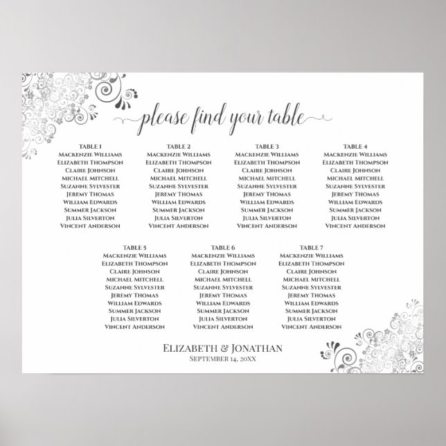 7 Table White Wedding Seating Chart Silver Frills (Front)