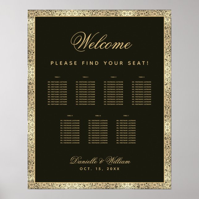 7 Tables Black Gold Vintage Wedding Seating Chart (Front)