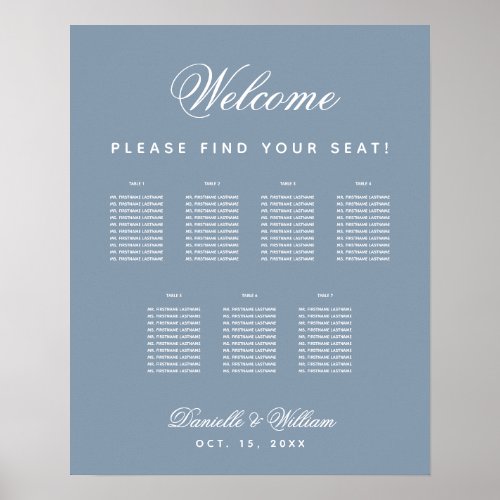 7 Tables Dusty Blue Wedding Script Seating Chart