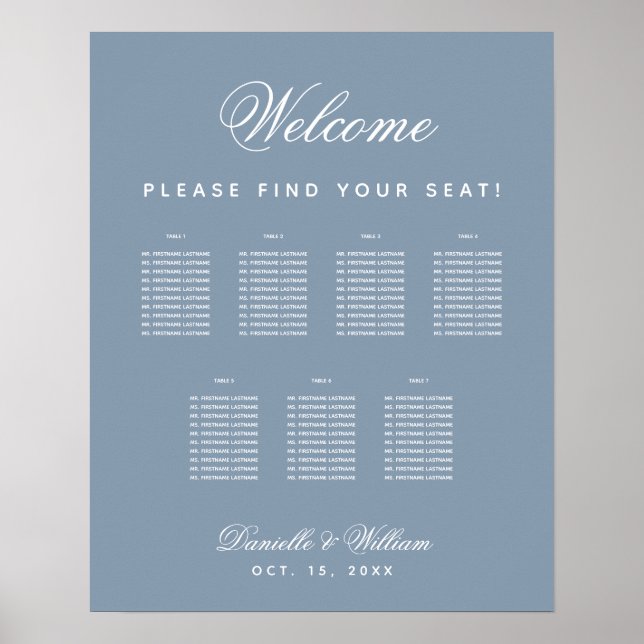 7 Tables Dusty Blue Wedding Script Seating Chart (Front)