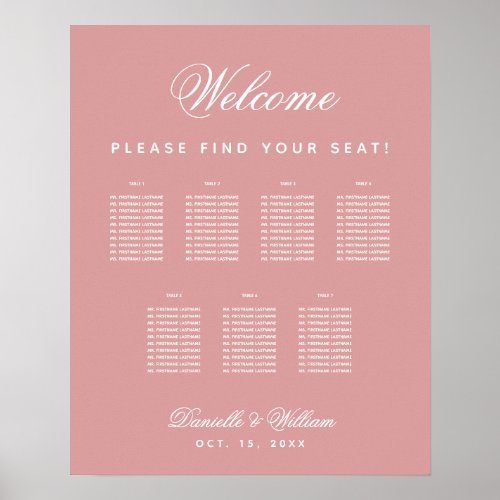 7 Tables Dusty Rose Pink Wedding Seating Chart