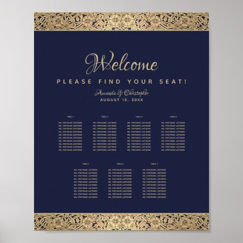 7 Tables Navy Blue Wedding Seating Chart Gold Rose