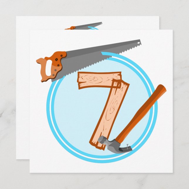 7 year old boy builder tools birthday design invitation (Front/Back)