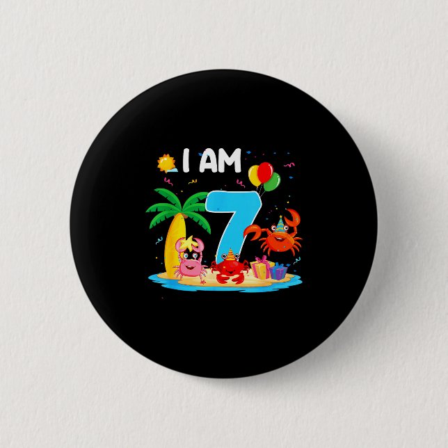7 year old crab lover 7th crab theme beach summer button (Front)