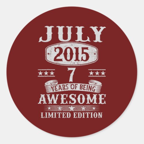 7 Year Old Gifts Vintage July 2015 7th Birthday  Classic Round Sticker