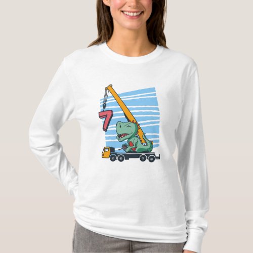 7 years 7th Birthday Mobile Crane Dinosaur T_Shirt