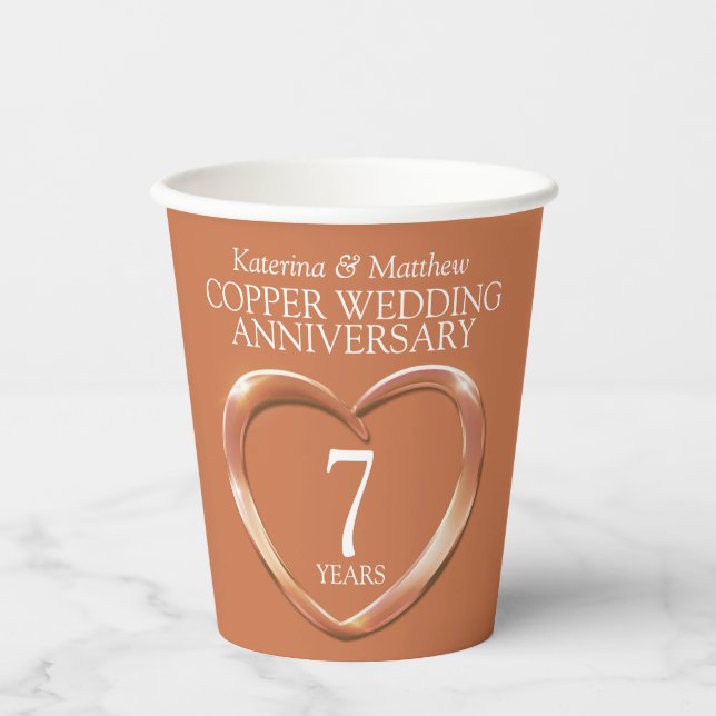 7 years Copper Wedding anniversary heart Paper Cups (Front)