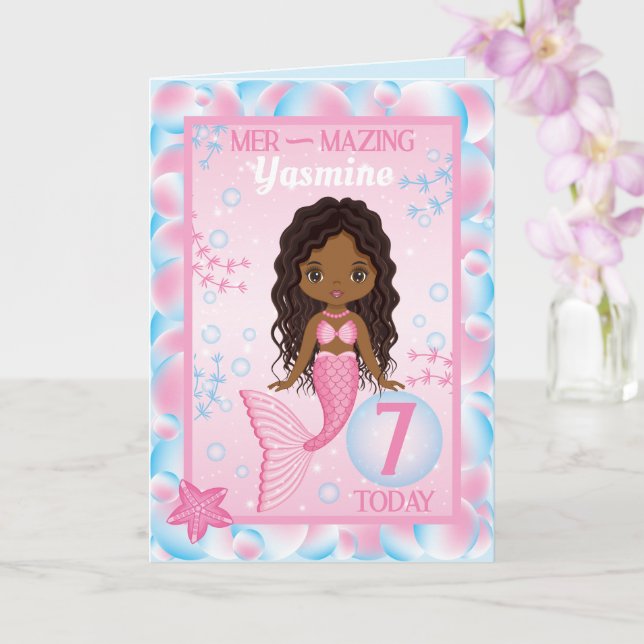 7 Years Old Black Mermaid  | Happy Birthday Card (Orchid)