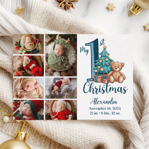 7Photo Blue Teddy Baby 1st Christmas Holiday Card