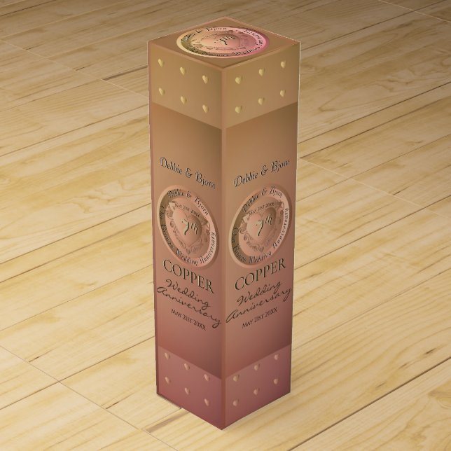 7th,22nd Wedding Anniversary Copper Medallion Wine Box (Front)