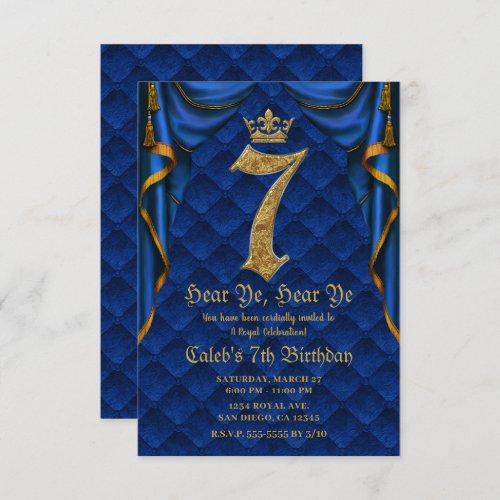 7TH 7 Birthday Party Royal Blue Gold Crown   Invitation