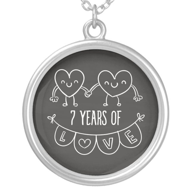 7th Anniversary Gift Chalk Hearts Silver Plated Necklace (Front)
