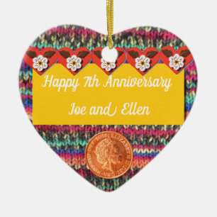 7th Anniversary, Wool and Copper Heart Keepsake Ceramic Ornament