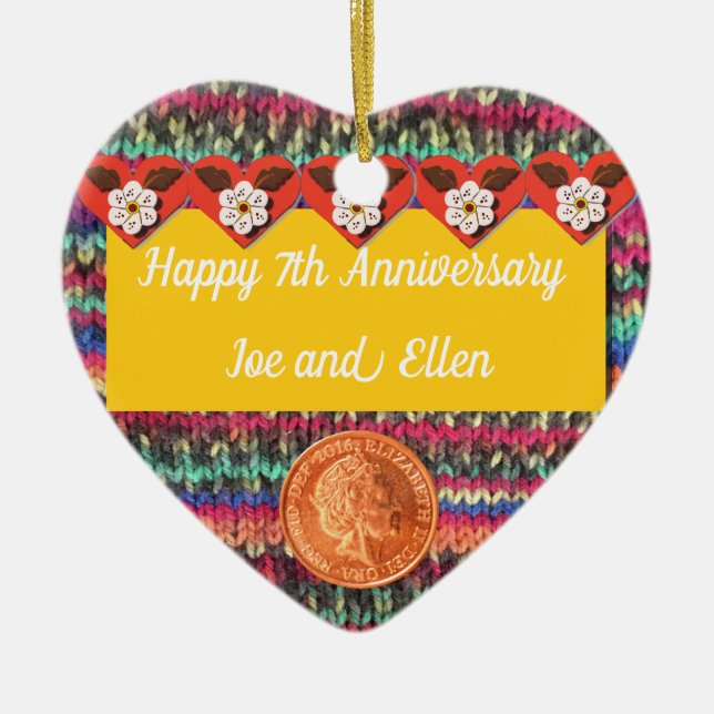 7th Anniversary, Wool and Copper Heart Keepsake Ceramic Ornament (Front)