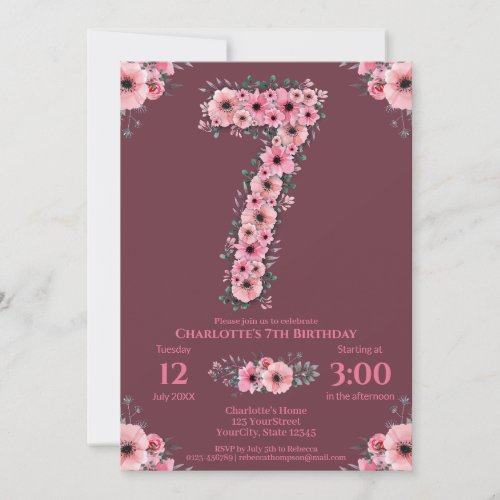 7th Big Birthday Girl Pink Flowers Green Foliage Invitation