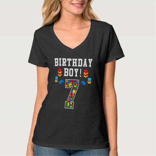 7th Birthday 7 Years Old Block Building Boys Kids T_Shirt