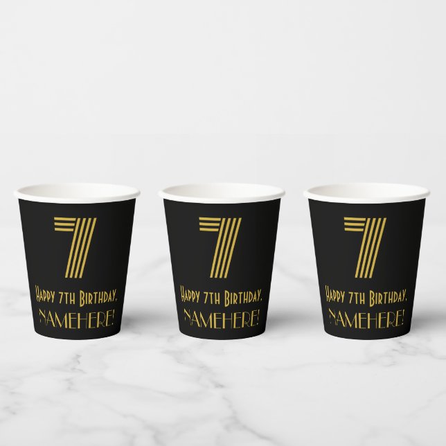 7th Birthday: Art Deco Inspired Look “7” & Name Paper Cups (Multi)