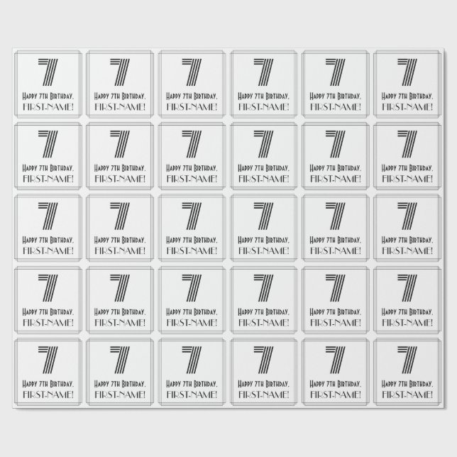 7th Birthday: Art Deco Inspired Style "7" + Name Wrapping Paper (Flat)
