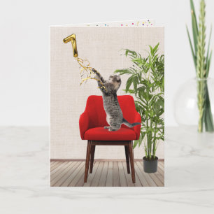 7th Birthday Balloon With Tabby Cat Card