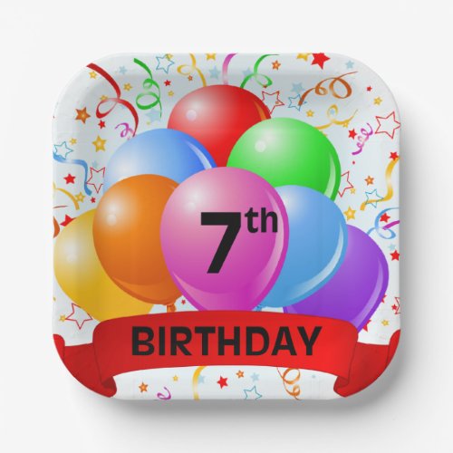 7th Birthday Balloons Banner Paper Plates