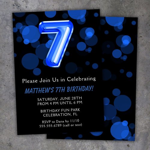7th Birthday Balloons Kids Blue Boy Party Invitation