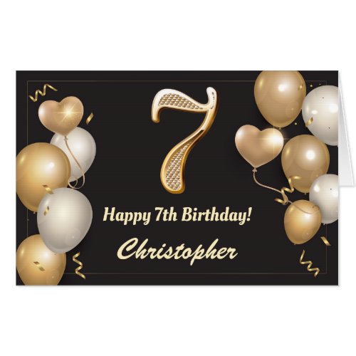 7th Birthday Black and Gold Balloons Extra Large Card