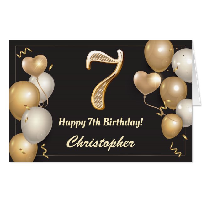 7th Birthday Black and Gold Balloons Extra Large Card (Front Horizontal)