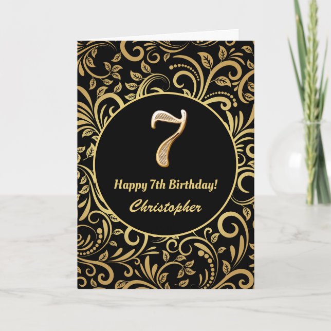 7th Birthday Black and Gold Floral Pattern Card (Front)