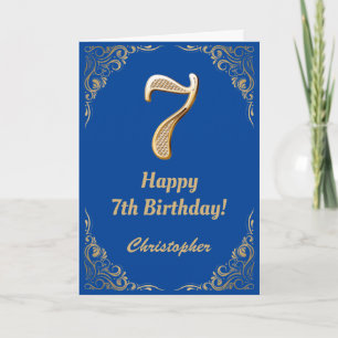 7th Birthday Blue and Gold Glitter Frame Card