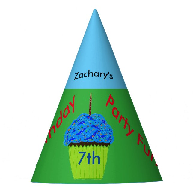 7th Birthday Blue Cupcake Personalized Any AGE Party Hat (Front)