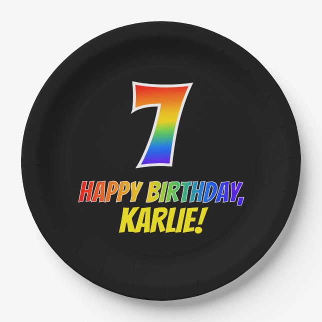 7th Birthday: Bold, Fun, Simple, Rainbow 7 Paper Plates (Front)