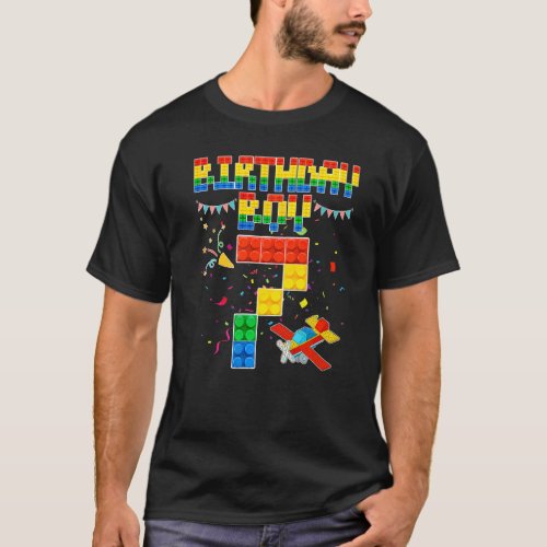 7th Birthday Boy Building Brick 7 Years Old Blocks T_Shirt