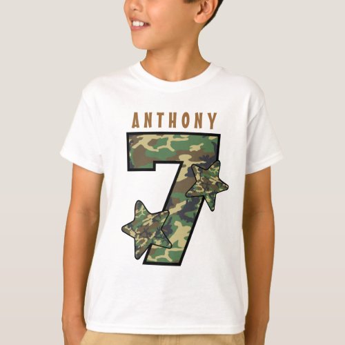 7th Birthday Boy Camo and Stars Custom Name V01G T_Shirt