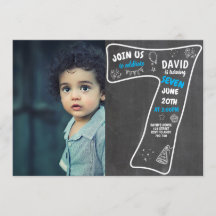 7th Birthday Boy Chalkboard with Photo Blue Number