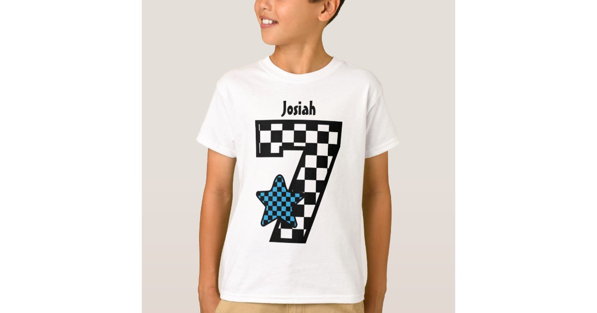 7th Birthday Boy Checked Star Custom Name V07A T-Shirt | Zazzle