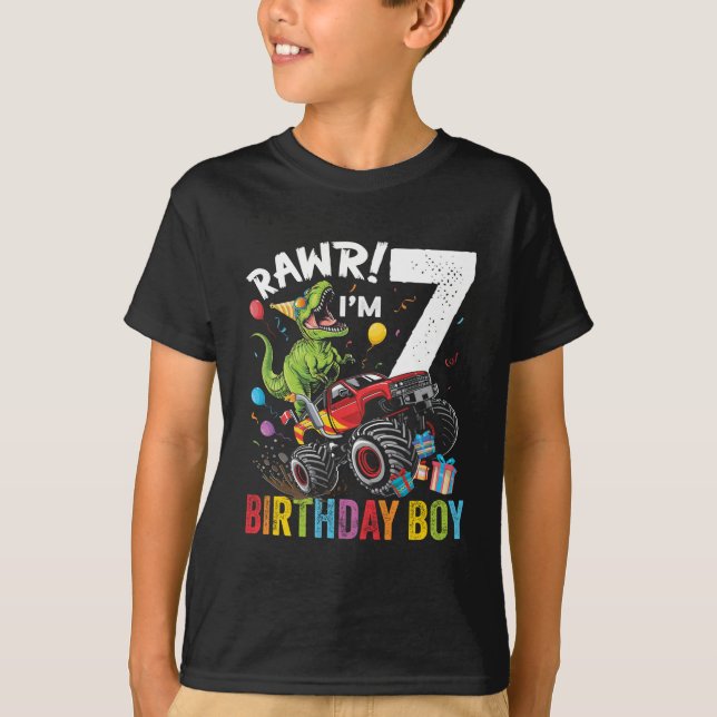 7th Birthday Boy Dinosaur Monster Truck  T-Shirt (Front)