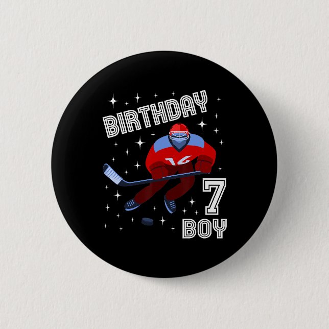 7th Birthday Boy Ice Hockey 7 Year Old Fun B-Day M Button (Front)
