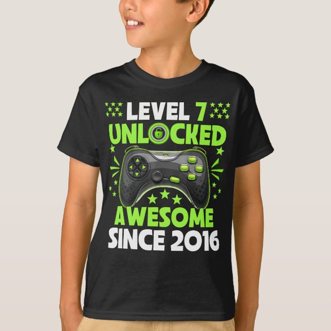 7th Birthday Boy Level 7 Unlocked Awesome 2016  T-Shirt (Front)