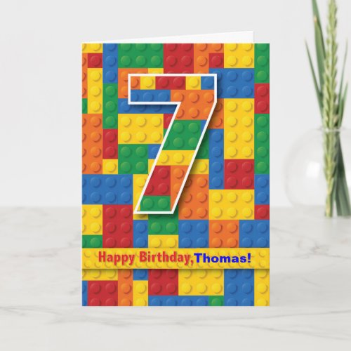 7th Birthday Boy Stacking Blocks Personalize Card