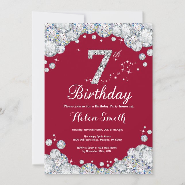 7th Birthday Burgundy Red and Silver Diamond Invitation (Front)