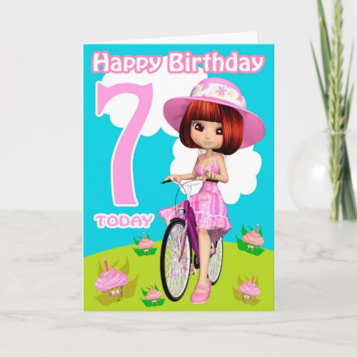 7th Birthday Card Pretty Little Girl On A Bicycle