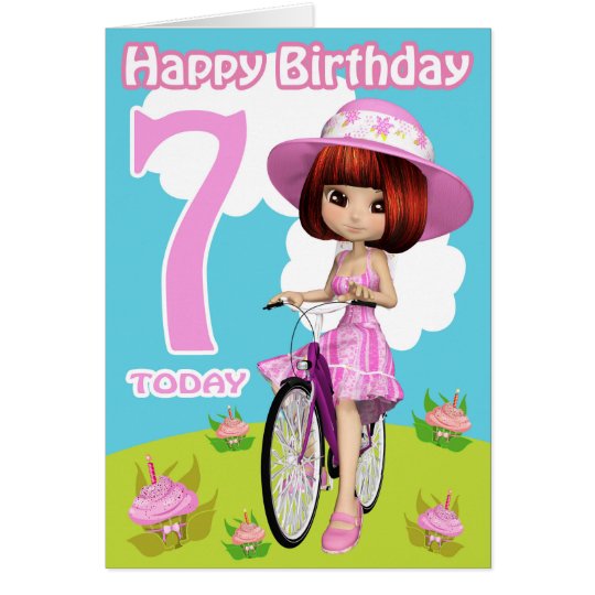 7th Birthday Card Pretty Little Girl On A Bicycle | Zazzle.com