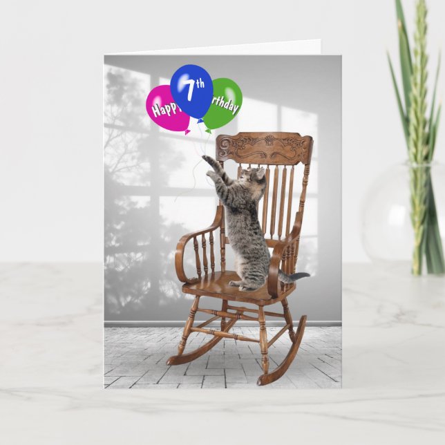 7th Birthday Cat With Balloons Card (Front)