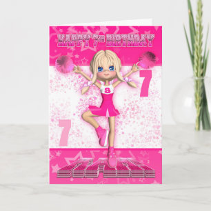 7th Birthday Cheerleader Dancing, Stars In Pinks Card