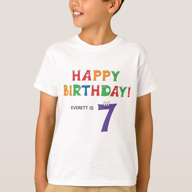 7th Birthday Colorful Alphabet with Name Kids T-Shirt (Front)