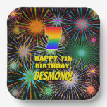 [ Thumbnail: 7th Birthday: Colorful, Fun Celebratory Fireworks Paper Plates ]