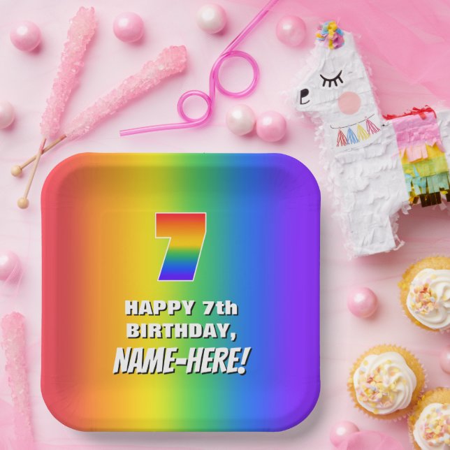 7th Birthday: Colorful, Fun Rainbow Pattern # 7 Paper Plates (Party)
