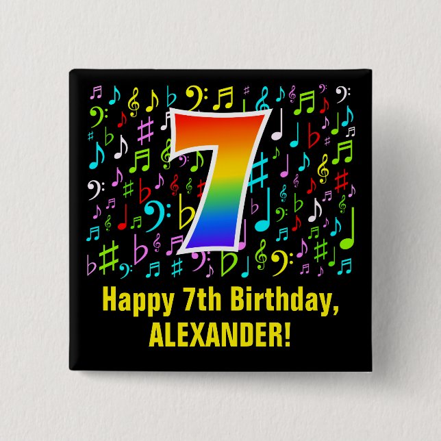 7th Birthday: Colorful Music Symbols, Rainbow 7 Button (Front)