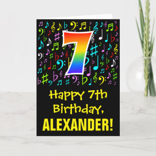 7th Birthday: Colorful Music Symbols + Rainbow 7 Card