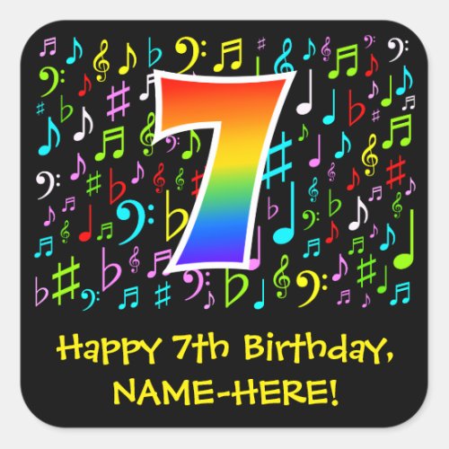 7th Birthday Colorful Music Symbols Rainbow 7 Square Sticker